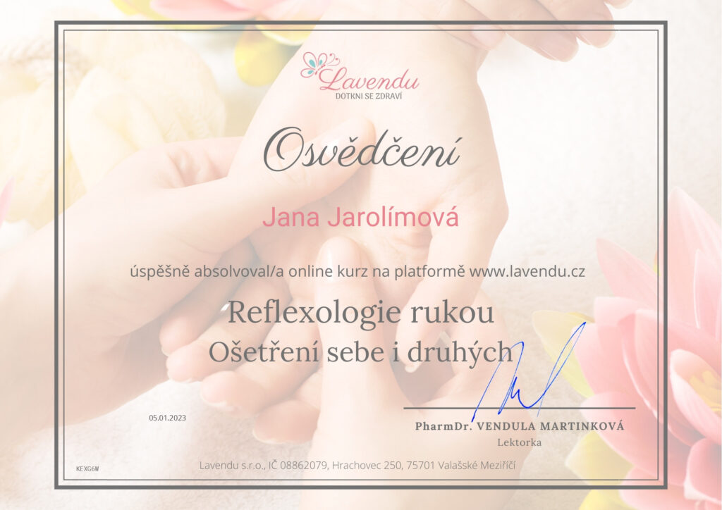 osvedceni o absolvovani kurzu reflexologie rukou